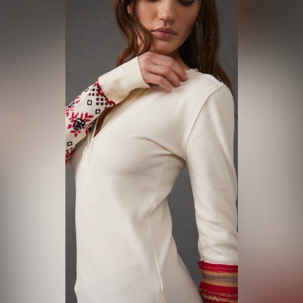Free People Mikah Layering Cuff Thermal Top XS Cream Combo Split Neck Boho EUC - Picture 3 of 7